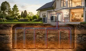 Sistema de calefacción geotérmica en una casa, con tuberías bajo tierra. Ideal para aprovechar subvenciones geotermia.