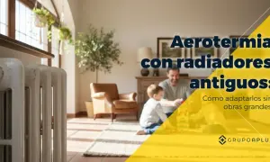 Radiador antiguo blanco en primer plano, con familia jugando al fondo. Aerotermia con calefacción por radiadores antiguos.
