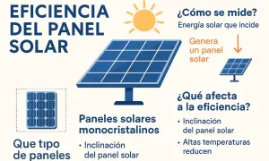 Ilustración sobre la eficiencia de un panel solar, mostrando cómo se mide y qué factores la afectan, como la inclinación y la temperatura.
