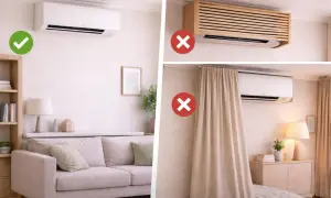 Un split de aire acondicionado bien instalado, sin ocultar con muebles o cortinas.