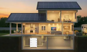 Casa con paneles solares y sistema de almacenamiento de energía. Explora las ventajas y desventajas de esta tecnología.