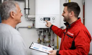 Técnico explica a cliente los beneficios del plan renove calderas, señalando la nueva caldera y un informe.
