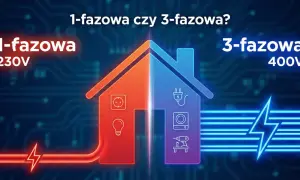 Ilustración de una casa dividida: izquierda 1-fase 230V (enchufe, bombilla), derecha 3-fases 400V (enchufe, lavadora, taladro). Guía para saber como se instala una bomba de calor.