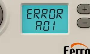 Pantalla de caldera Ferroli con error A01, indicando un problema de presión de agua.