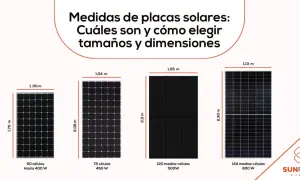 Comparativa de medidas placas solares: 4 modelos de paneles solares con sus dimensiones y potencias, desde 1,70m x 1,00m (400W) hasta 2,30m x 1,13m (600W).