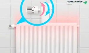 Radiador blanco con termostato y flechas indicando ajuste de temperatura.