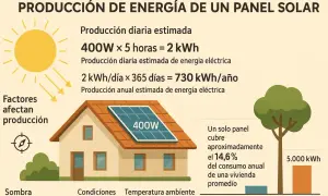 Un panel solar de 400W produce 2 kWh diarios, 730 kWh anuales. Factores como sombra afectan cuanto produce una placa solar.