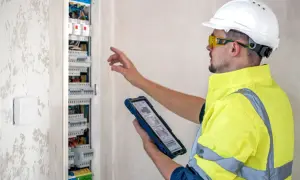 Técnico con casco y chaleco reflectante revisa un cuadro eléctrico mientras consulta una tablet. Entiende perfectamente **que es el cie** y su importancia.