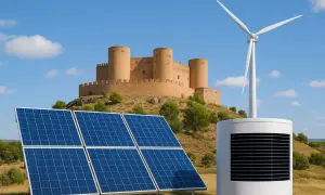 Paneles solares, aerogenerador y unidad de aerotermia ante castillo en Castilla-La Mancha. ¡Aprovecha la subvención aerotermia Castilla la Mancha!