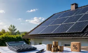 Calculadora, monedas y un dado con un signo de porcentaje junto a placas solares en un tejado. ¡Aprovecha el descuento IBI placas solares!