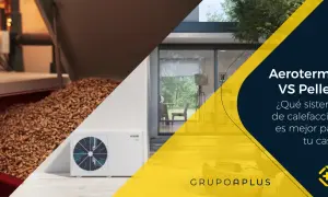 Comparativa: diferencia entre aerotermia y bomba de calor vs. pellets. Imagen muestra unidad exterior de aerotermia y pellets.