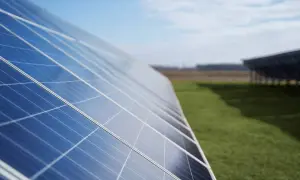 Paneles solares en un campo verde. ¿Cuántos kWh produce un panel solar de 450W? La energía solar es el futuro.