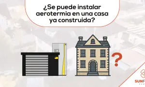 ¿Es posible la aerotermia sin obras en tu casa ya construida? Ilustración de una unidad exterior y una casa con un gran signo de interrogación.