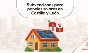 Casa con placas solares y bandera de Castilla y León, rodeada de pilas de monedas. Subvenciones para paneles solares en Castilla y León.