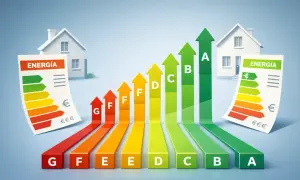Gráfica de eficiencia energética con flechas ascendentes de G a A, representando el ahorro. El Gobierno Vasco promueve la eficiencia energética.
