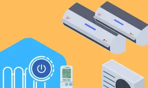 Unidades interiores y exteriores de aire acondicionado multisplit, control remoto y símbolo de encendido. Considera las desventajas aire acondicionado multisplit.