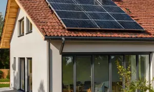 Casa moderna con paneles solares en el tejado. ¿Cuántas placas solares necesito para una casa de 200m2?