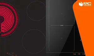 Placa vitrocerámica con espiral roja encendida vs. placa de inducción con zona flexible. La diferencia entre vitro e inducción es clara.