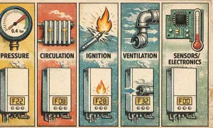 Ilustración de caldera con secciones: presión, circulación, ignición, ventilación y sensores/electrónica.