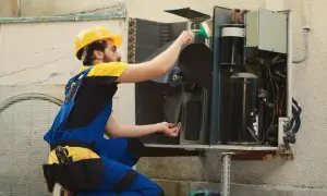 Técnico con casco amarillo y mono azul limpia unidad exterior de aerotermia. Conoce el precio mantenimiento aerotermia.