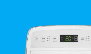 Panel de control de un aire acondicionado portátil, con pantalla digital mostrando 20°C y botones para modo, sueño y velocidad del ventilador. ¡Es como un pingüino de aire acondicionado!