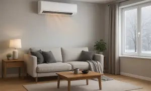 Aire acondicionado en salón moderno, ideal como mejor sistema climatización vivienda unifamiliar. Confort y diseño.