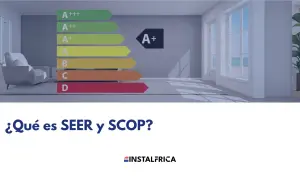 Gráfico de eficiencia energética para aire acondicionado, mostrando clasificaciones de A+++ a D. El texto pregunta "¿Qué es SEER y SCOP?".