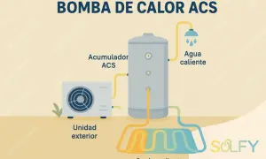 Diagrama de una bomba de calor ACS: unidad exterior, acumulador, agua caliente para ducha y suelo radiante. Bajo consumo energético.