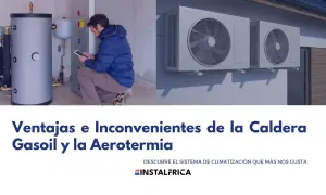 Hombre revisando tablet junto a caldera de gasoil, comparando con unidades exteriores de aerotermia. Considera cambiar caldera de gasoil.