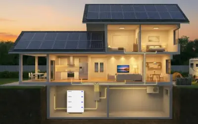 Casa con paneles solares y sistema de almacenamiento de energía. Explora las ventajas y desventajas de esta tecnología.