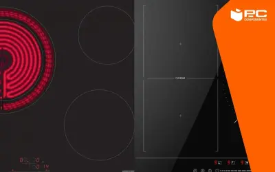 Placa vitrocerámica con espiral roja encendida vs. placa de inducción con zona flexible. La diferencia entre vitro e inducción es clara.
