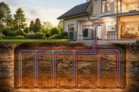 Sistema de calefacción geotérmica en una casa, con tuberías bajo tierra. Ideal para aprovechar subvenciones geotermia.