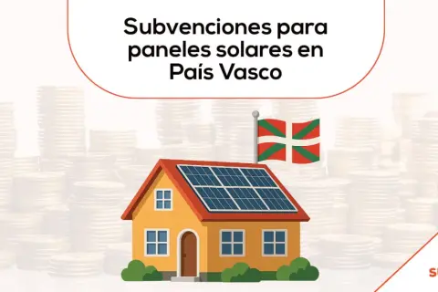 Casa con paneles solares y bandera vasca, simbolizando subvenciones para placas solares en Euskadi. Montañas de monedas al fondo.
