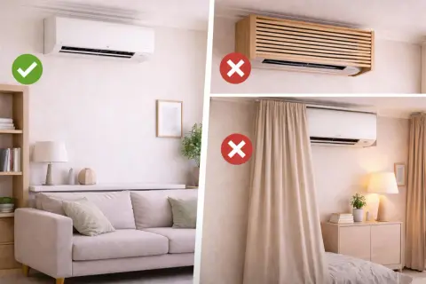 Un split de aire acondicionado bien instalado, sin ocultar con muebles o cortinas.