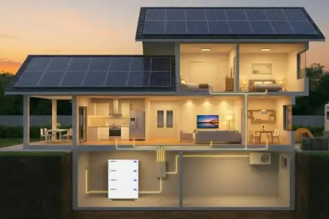 Casa con paneles solares y sistema de almacenamiento de energía. Explora las ventajas y desventajas de esta tecnología.