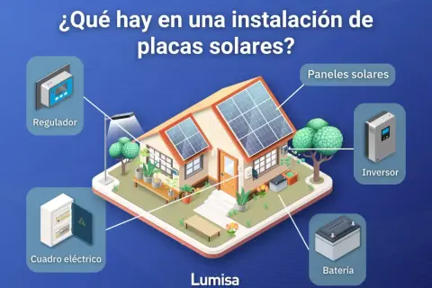 Diagrama ilustra el funcionamiento de las placas solares en una casa: paneles, regulador, inversor, batería y cuadro eléctrico.