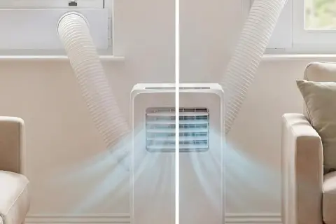 Aire acondicionado portátil expulsando aire fresco. Su diseño compacto y potente lo hace ideal para cualquier habitación.
