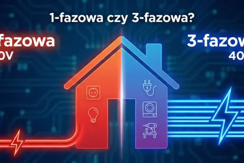 Ilustración de una casa dividida: izquierda 1-fase 230V (enchufe, bombilla), derecha 3-fases 400V (enchufe, lavadora, taladro). Guía para saber como se instala una bomba de calor.