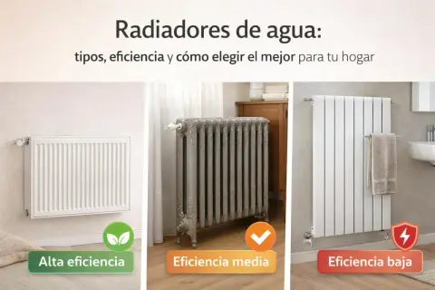 Tres radiadores de agua: uno blanco de alta eficiencia, uno gris de fundición de media eficiencia y uno blanco moderno de baja eficiencia.