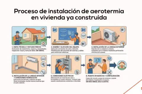 Proceso de instalación de aerotermia en vivienda ya construida: visita técnica, diseño, instalación exterior e interior, conexiones eléctricas y puesta en marcha.