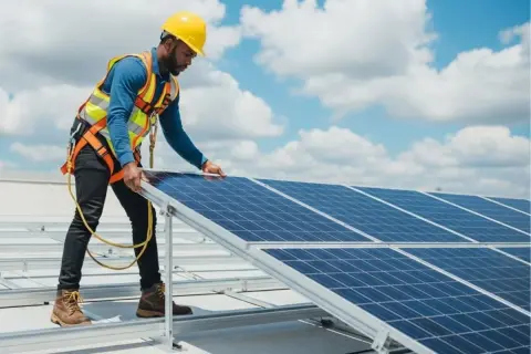 Técnico instala paneles solares, parte esencial de la memoria técnica de una instalación fotovoltaica.