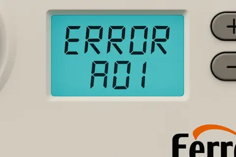 Pantalla de caldera Ferroli con error A01, indicando un problema de presión de agua.