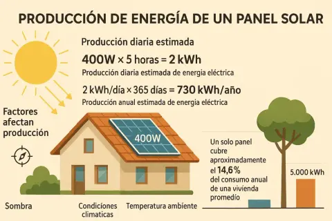 Un panel solar de 400W produce 2 kWh diarios, 730 kWh anuales. Factores como sombra afectan cuanto produce una placa solar.