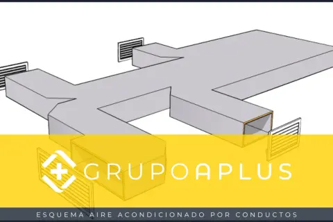 Esquema de climatización centralizada con conductos y rejillas de ventilación.