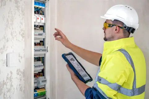 Técnico con casco y chaleco reflectante revisa un cuadro eléctrico mientras consulta una tablet. Entiende perfectamente **que es el cie** y su importancia.