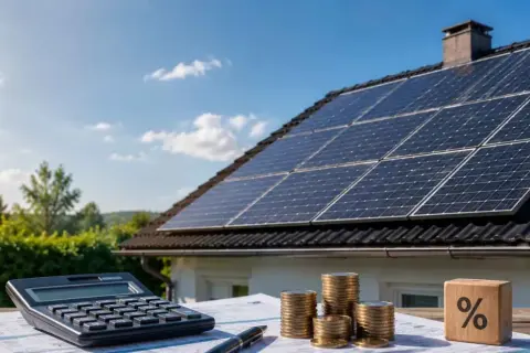 Calculadora, monedas y un dado con un signo de porcentaje junto a placas solares en un tejado. ¡Aprovecha el descuento IBI placas solares!
