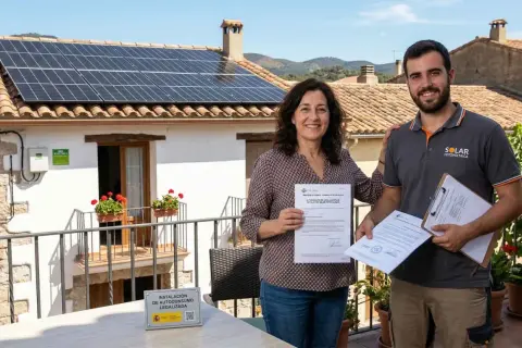 Mujer y hombre sonríen con documentos de legalización de placas solares. La instalación de autoconsumo está legalizada.