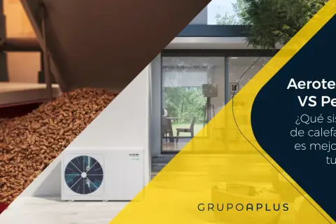 Comparativa: diferencia entre aerotermia y bomba de calor vs. pellets. Imagen muestra unidad exterior de aerotermia y pellets.