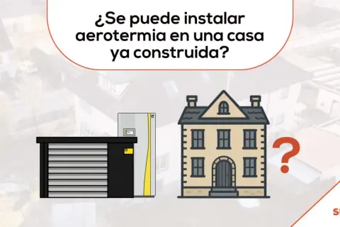 ¿Es posible la aerotermia sin obras en tu casa ya construida? Ilustración de una unidad exterior y una casa con un gran signo de interrogación.