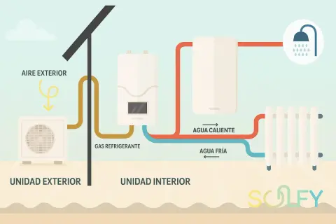 Diagrama de aerotermia con radiadores. La unidad exterior capta aire, el gas refrigerante fluye a la unidad interior, que calienta agua para radiadores y ducha.